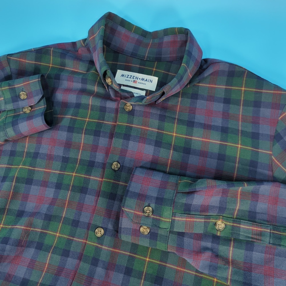 Mizzen+Main Mens Standard Fit Plaid Performance Flannel Shirt Medium Blue Green